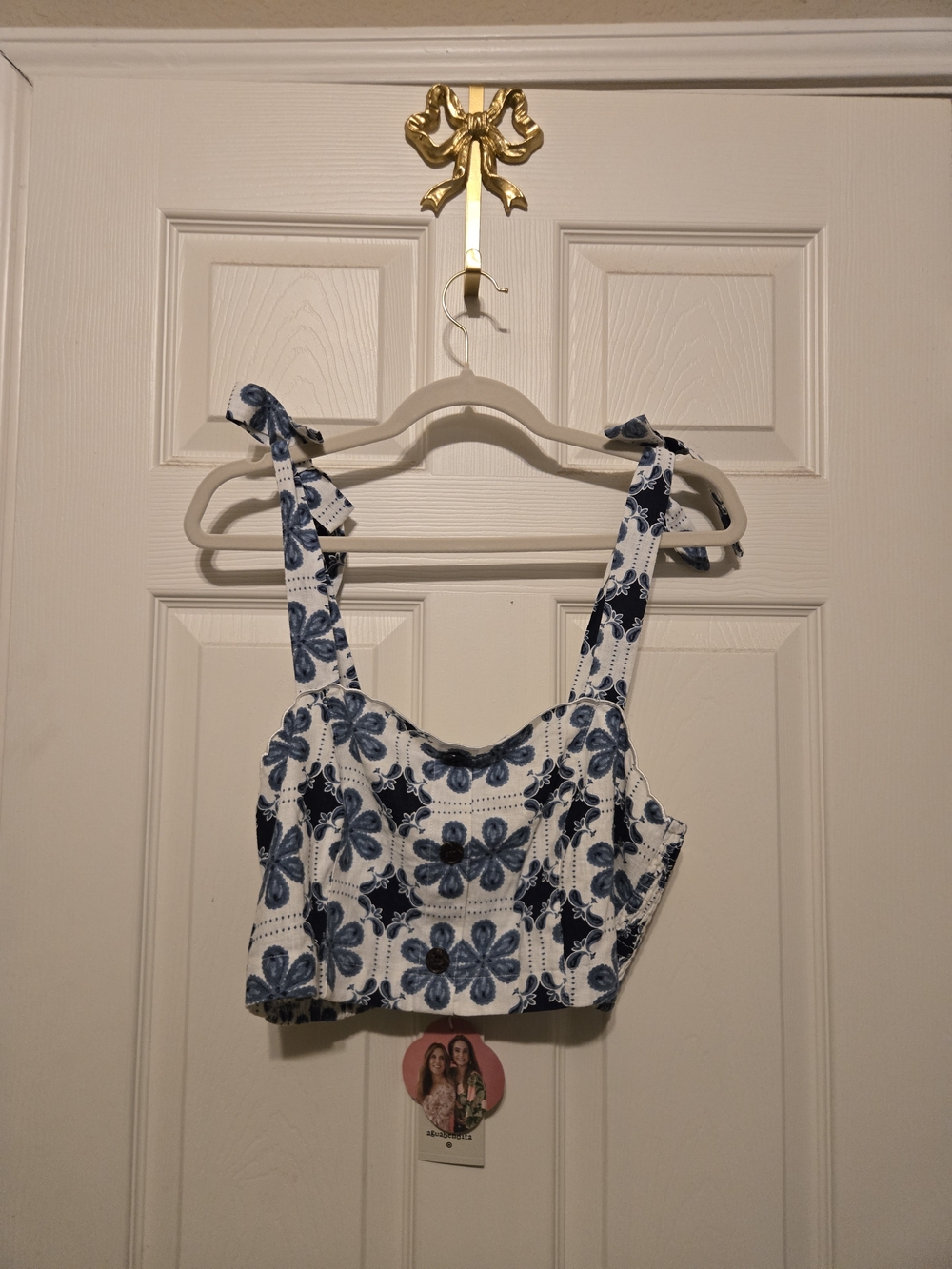 Tie-Shoulder Floral Crop Top - Blue & White